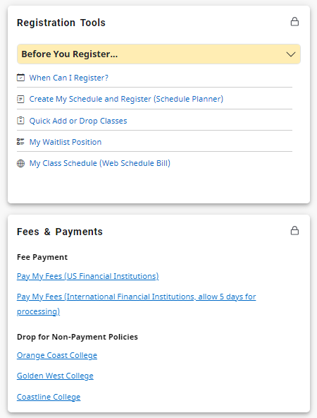Registration Tools and Fees Payments Card Sample