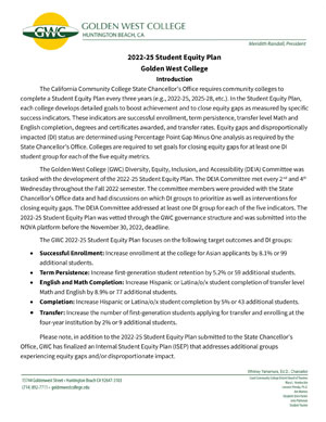 2022 - 2025 Golden West College Student Equity Plan